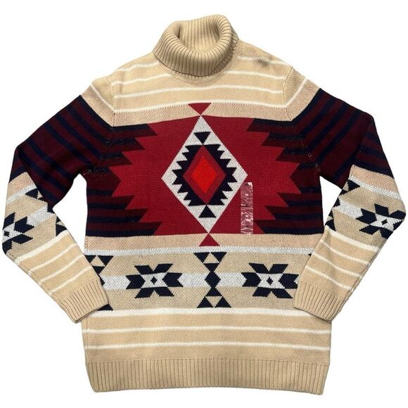 Unisex Aztec Tribal Fair Isle Turtleneck Beige Pullover Sweater - Picture 3 of 9